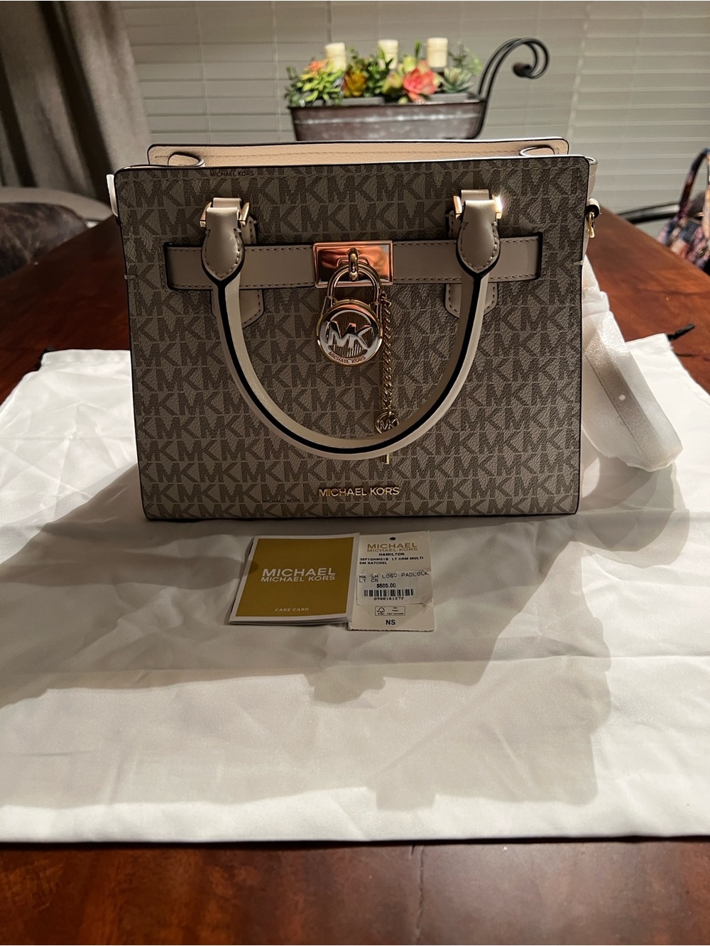 Michael Kors Monogram Satchel in Brown and Beige with Gold Hardware